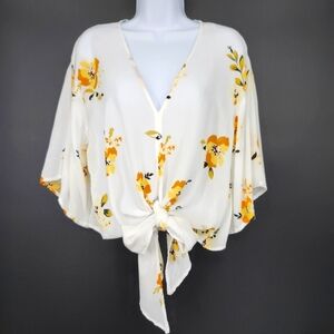 Yellow Floral Womens Tie Front Top Size‎ S Flare Sleeves Cottage Bloomcore